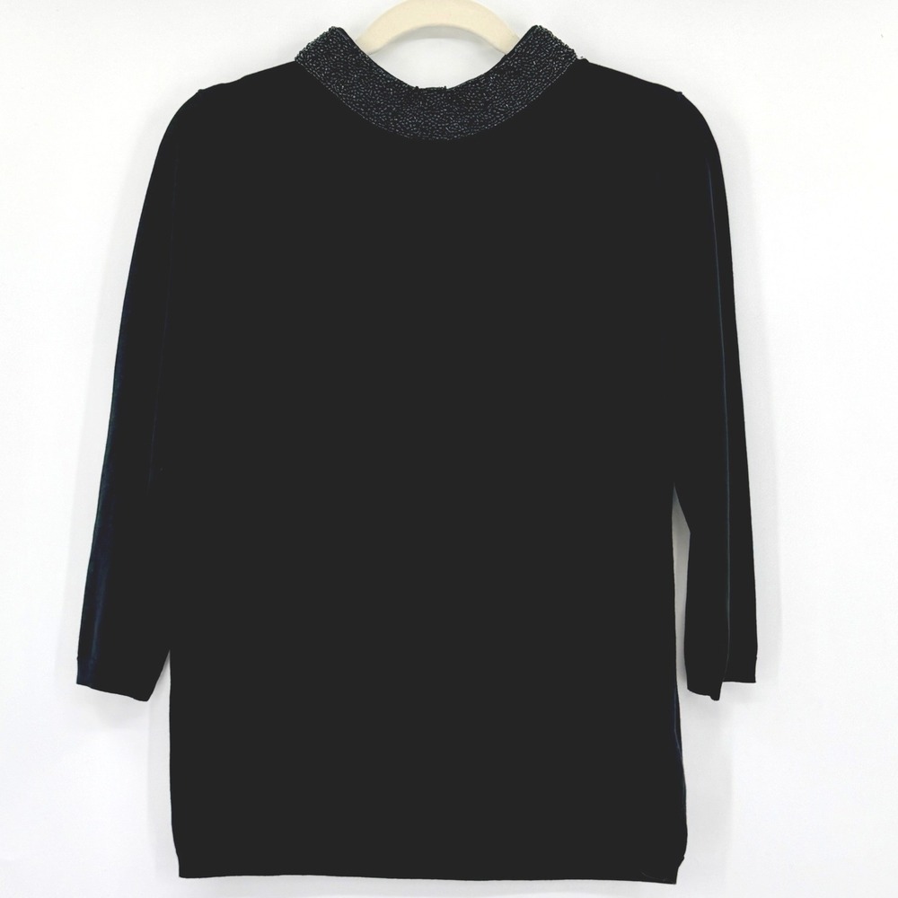 Talbots Black Beaded Collar 3/4 Sleeve Sweater Cocktail Party Holiday Medium